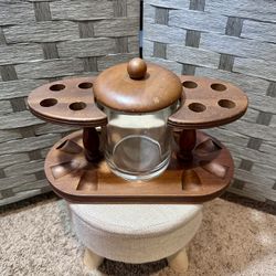 Rare Vintage Walnut Eight Pipe Stand with Glass Jar