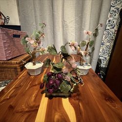 Lot of 3 Vintage Chinese Gemstone Bonsai Trees – Jade, Quartz & Stone Grape and Flower Arrangements