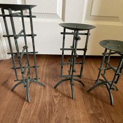3 (Different Sizes) Rod Metal Tiered Hunter Green Pillar Candle Holders