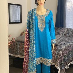 Fancy Pakistani Party Wear Blue Embroidered Shalwar Kameez with Two-tone Dupatta