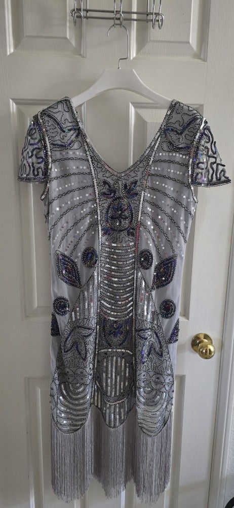 Women's 1920s Dress - Sequin Art Deco Flapper Dress with Sleeve, Grey