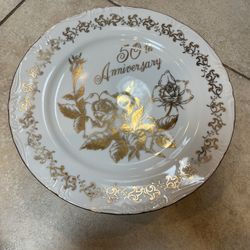 1983 Ceramic 50th Anniversary Gold Cake Stand Plate Royal Crown