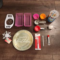 14 pc baking tools, party supplies, and small organizers, collection for a birthday party setup,