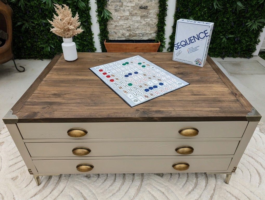 Modern Storage Coffee Table – Refinished | 44” Wood Top | Brass Hardware