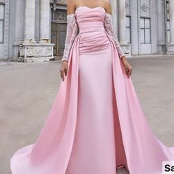 Glamrae Elegant Off The Shoulder Contrast Lace Splicing Neckline Luxury Embellished Sheer Long Sleeve Mermaid Detachable Extra-Large Draped Tail (2-In