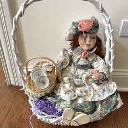 21” Porcelain Doll With Picnic Basket & Tea Set In White/pastel Colors Basket