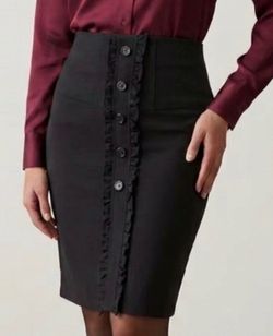 Courtenay Officially Pencil Skirt 14 Career Black Ruffled Stretch Buttons Front