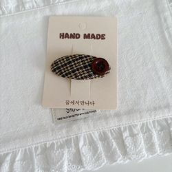 Brown plaid hair clip with button detail