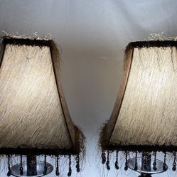 Pair of Vintage Rare Brown Leaves Pattern Beaded Bell Lampshade Lamp Shade #210524