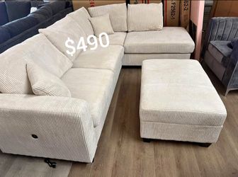 L shaped sectional sofa  with storage ottoman Ivory Corduroy