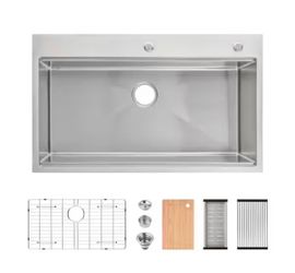 BEARSOLIM 17.4 x 34 in. Drop-In Single Bowl Brushed Nickel Stainless Steel Kitchen Sink with Drain Cutting Board. New