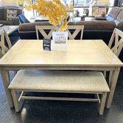 6pcs Dining Set ((Table, 4 Chairs & Bench))