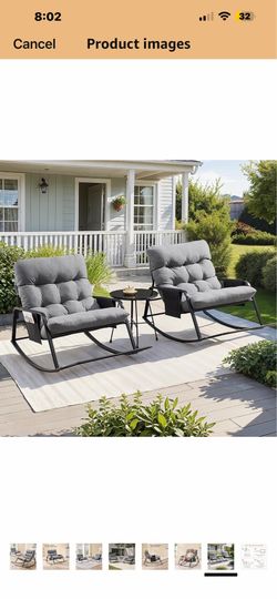 Patio Rocking Chair Set of 2 with Cushion, Papasan Chair with Footrest Gray, Indoor & Outdoor Rocker Chair for Living Room, Bedroom, Patio, Garden 93