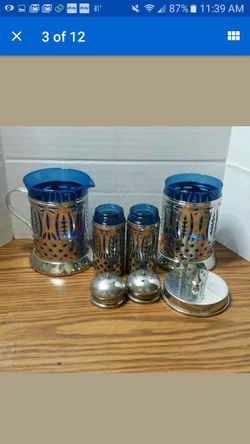 Vintage Avon Royal Blue Sapphire w Silver Cream & Sugar & Salt & Pepper Shakers