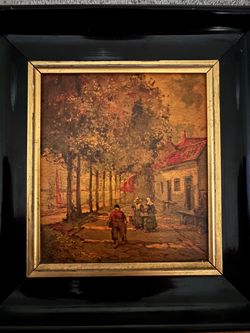 Vintage German Framed Village Street Scene – Faux Crackle Art – 10.5”
