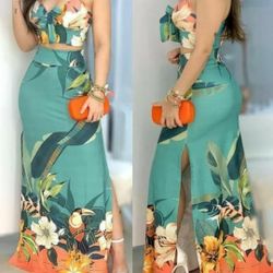 Floral Print Two Piece Set High Waist Slim Maxi Skirt Set