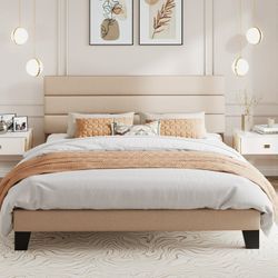 King Size Bed Frame, Platform Bed Frame with Fabric Upholstered Headboard, Beige