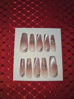 Press-On Nails | X-Long Coffin | Nude Pink Cateye Tip w/ Bling & Sparkle (#2)