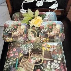 Serving Trays 4 Pc Set/Wedding/Anniversary Gift /Floral 4 Pc Serving Trays  With Heart 2 Candle Holder