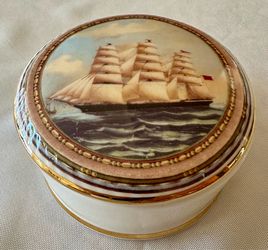Vintage St. George Fine Bone China Mid 20th Century English Trinket Jewelry Pillbox featuring a nautical clipper ship design