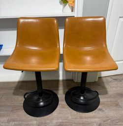 Pair of Cognac Faux Leather Swivel Bar Stools