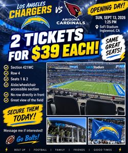 Chargers Home Opener 4 tickets together