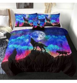 Sleepwish 3D Galaxy Comforter Full Men Wolf Bed Comforter Set 4 Piece