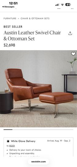 West Elm Austin Leather swivel Chair & Ottoman set