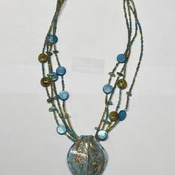 glass pendant necklace gold blue green colors  pre owned