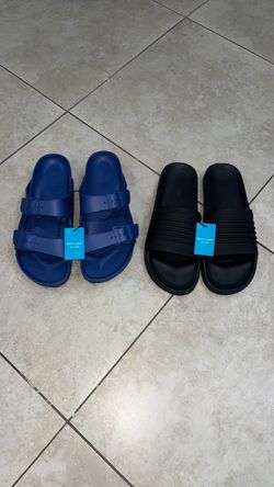 Men’s Black Slides and Blue Sandals, Size 13 but fits a Size 12