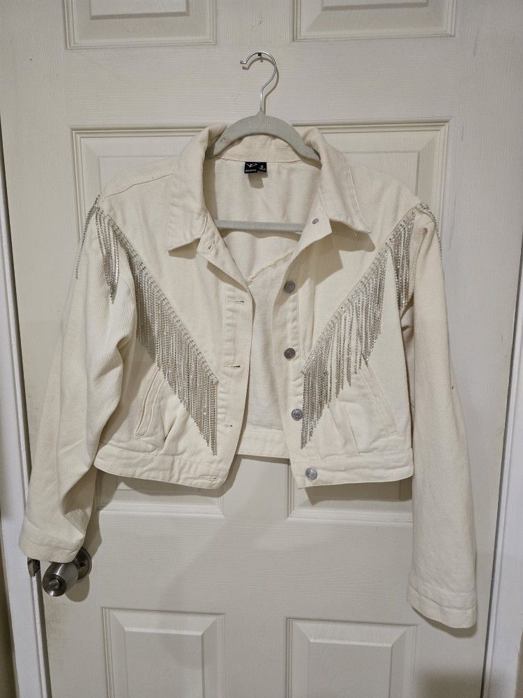Sale!Rocker-Chic Rhinestone Fringe Denim Jacket size Small ( reseda ca)