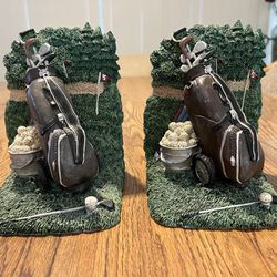 Golf Bag & Clubs on the Green Book Ends Heavy Resin