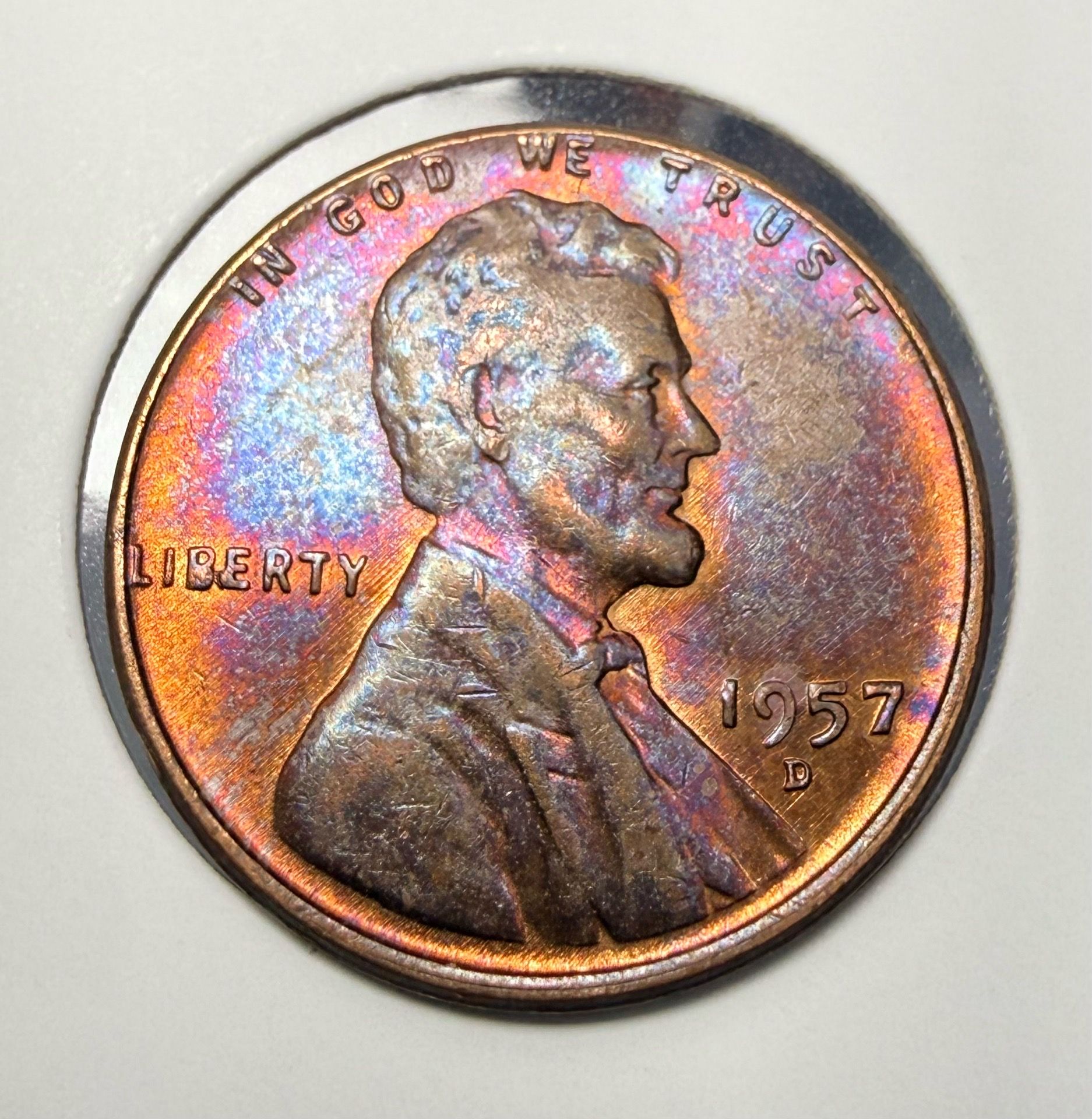 1957-D Lincoln Wheat Cent – BIE Error – Monster Toned – Nice Eye Appeal