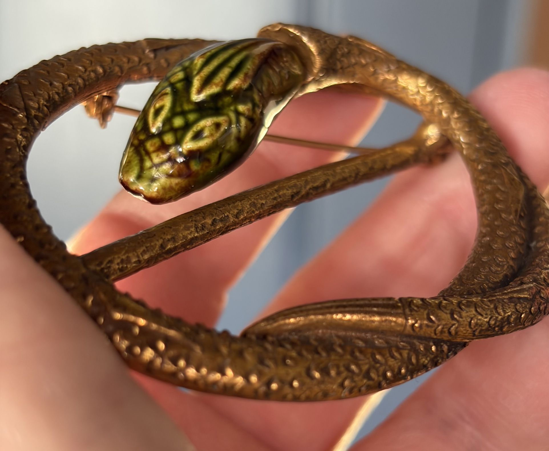 c.1900Art Nouveau Brass Snake Sash Buckle w/ Green enamel head, green eyes