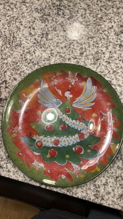 Christmas Tree with angel wings plate 12.5 inches hand painted stained glass