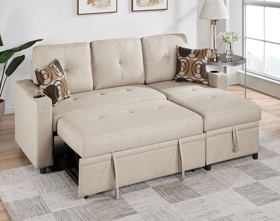 2pcs Sectional Sofa W/storage Chaise ,Cupholders & Pulloutbed