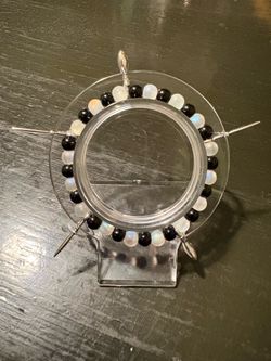 Homemade Black&White Beaded Stretch Bracelet w/ Silver Charms