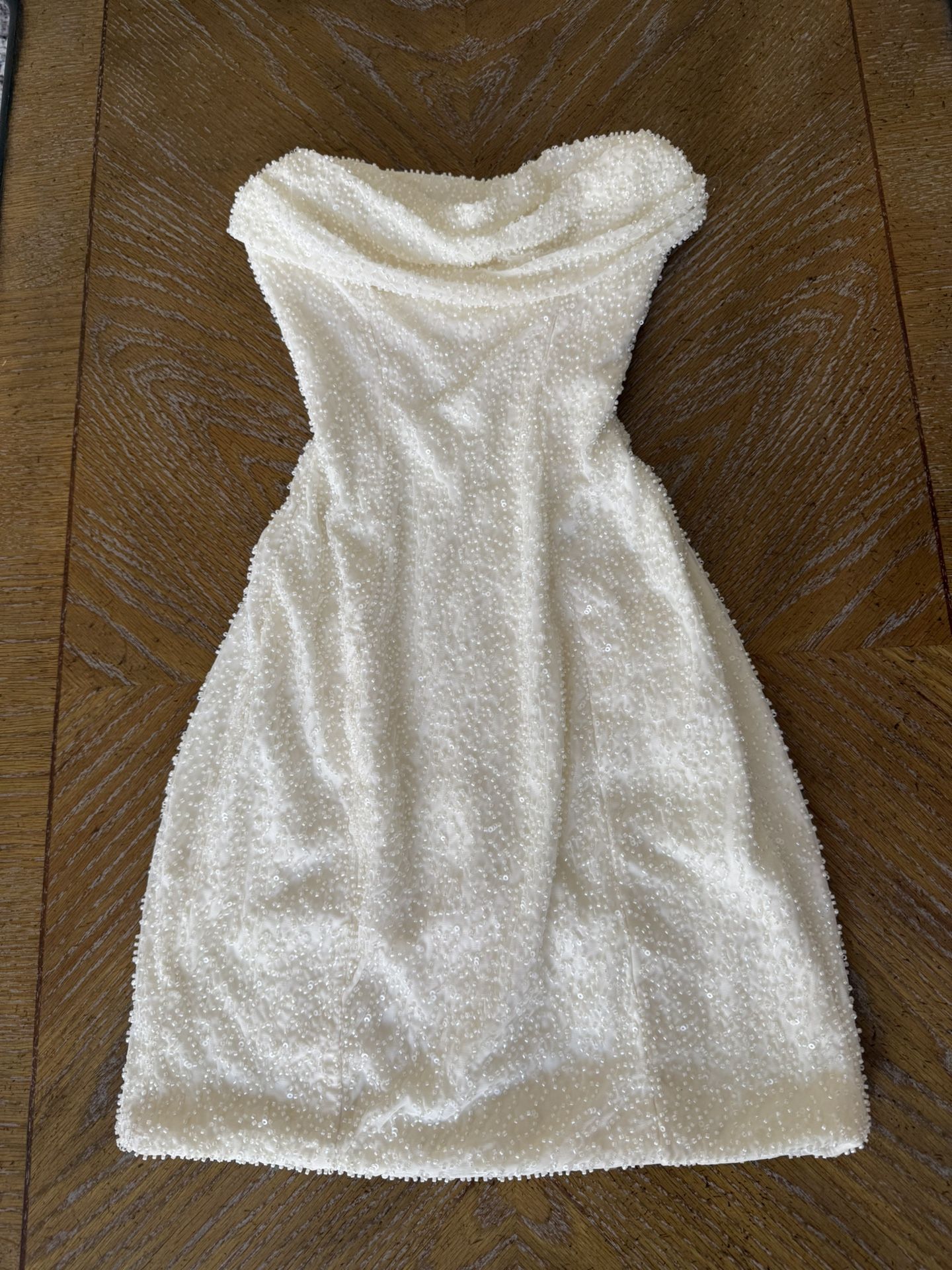 Oh Polly Basel White Dress Embellished Strapless Cowl Neck Mini Dress in Ivory