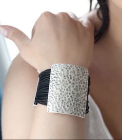 New Black Leather & Silvertone Embossed Rectangle Adjustable