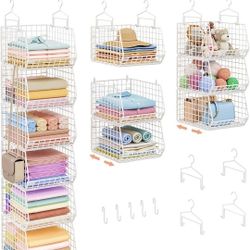 6 Tier Extended Depth Hanging Closet Organizer, Closet Storage Hanging Shelves with Hanging Hooks for Clothes Sweaters Towels Handbags, Stackable Meta