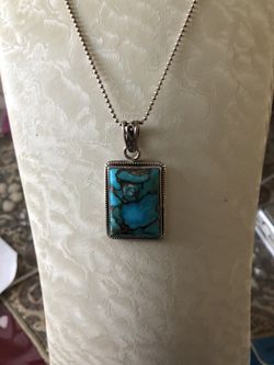 Jewelry, pendant necklace sterling silver 925, 1.5”Turquoise ,hand crafted,22” Italian chain