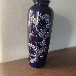 Vintage Cobalt Blue Tall Vase Cherry Blossom Tree Birds Floral Flowers Japan 11”