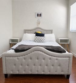 Queen Tufted Upholstered Bed Frame with Nailhead Trim and bed nightstand