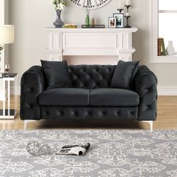 Sofa Contemporary LoveSeat with Deep Button Tufting Dutch Velvet - Black  