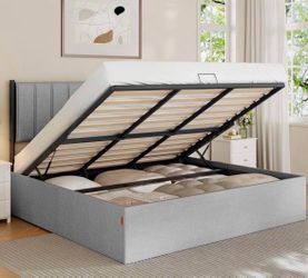 Lift Up Storage Bed Frame King Size, Hydraulic Platform Bed, with Upholstered Headboard, 1100 lb Weight Capacity, No Box Spring Needed, Easy Assembly,