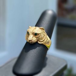 Jewelry 18k solid yellow gold emerald 0.20CTW tiger cat ring sz 8.75
