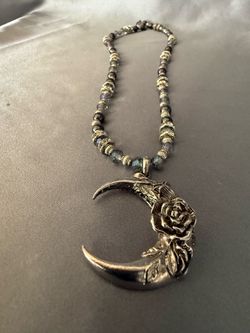 Silver Crescent Moon Rose Pendant Beaded Necklace