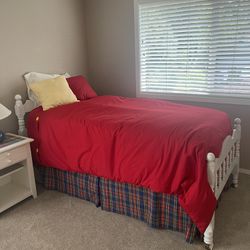 Twin Bed Frame, Mattress, Down Comforter, Duvet Cover, Bed Skirt