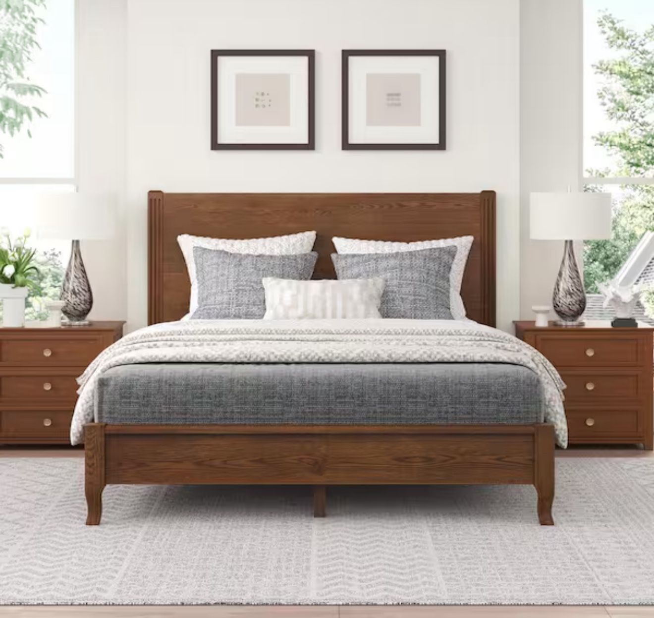 Yolo Brown Walnut Solid Red Oak Wood Frame Queen Size Platform Bed Frame with Headboard Wooden Slat Support