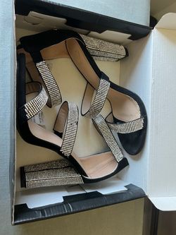 Black Rhinestone Strap Block Heel Sandals